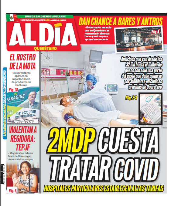 Aldiaqro's tweet photo. #BuenLunes Hoy en las #noticias Tratamiento contra Covid-19 en hospitales particulares cuesta hasta 2 millones de pesos... Encuentran cuerpo con huellas de violencia en zona cerril... https://t.co/7BZw5BJzNv