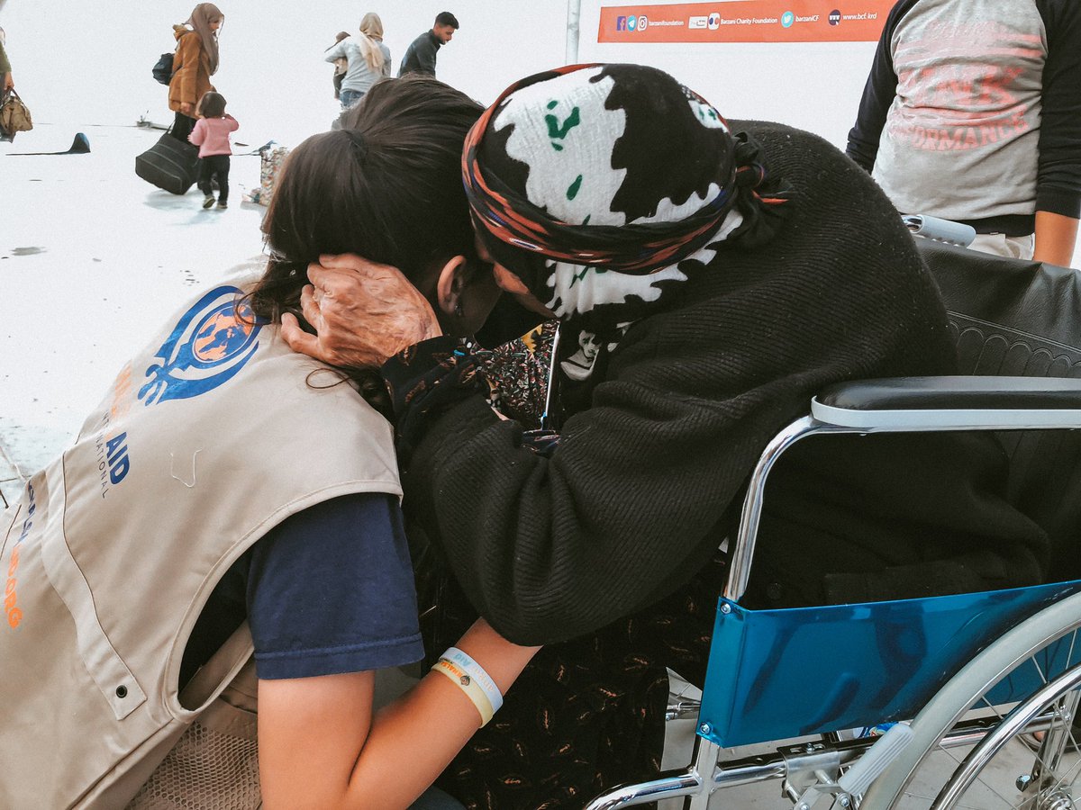 “Thank you” she said with a smile on her face! This #Kurdish women had to flee her home at age of 94 to become a #refugee. her 50 year old daughter had to carry her on her back for three days to cross in melting snow, overflowing rivers between Syria & iraq border seeking safety