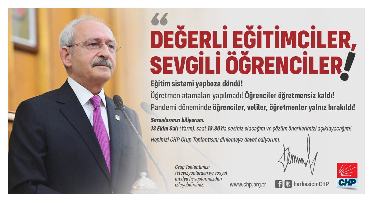 Genel Başkanımız Kemal Kılıçdaroğlu, Salı günü saat 13:30’da partimizin TBMM Grup Toplantısında eğitim sistemindeki sorunları dile getirecek. Çözüm önerilerimizi açıklayacak. #eğitimhakkı #fırsateşitsizliği #eğitimeerişim