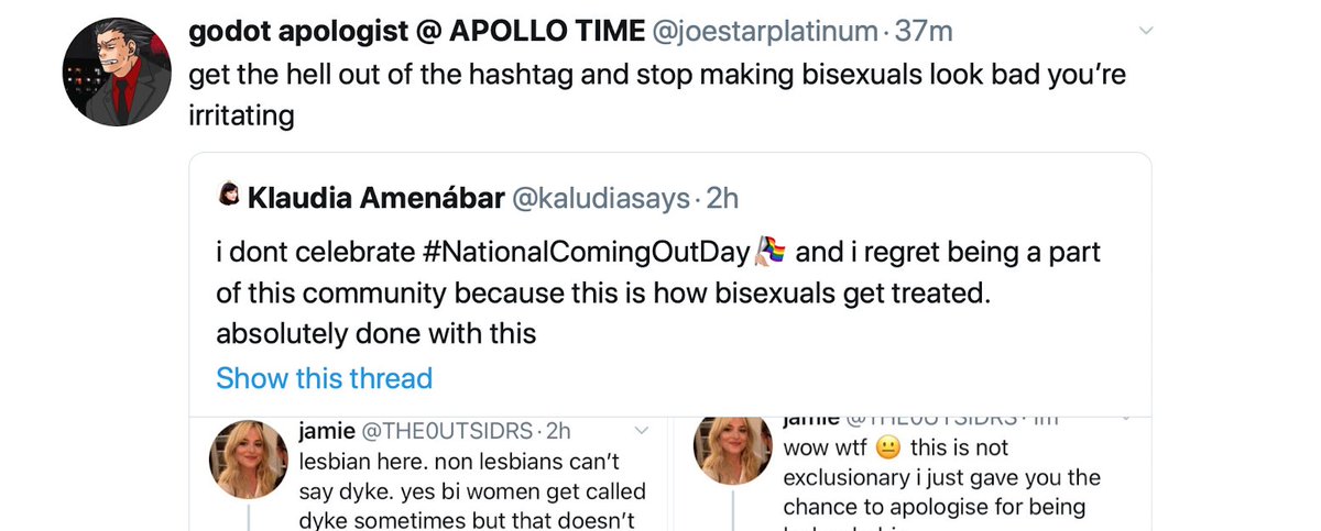 "get the hell out of the hashtag" ah yes the hashtag that is apparently only for some people. not me, the dirty bisexual