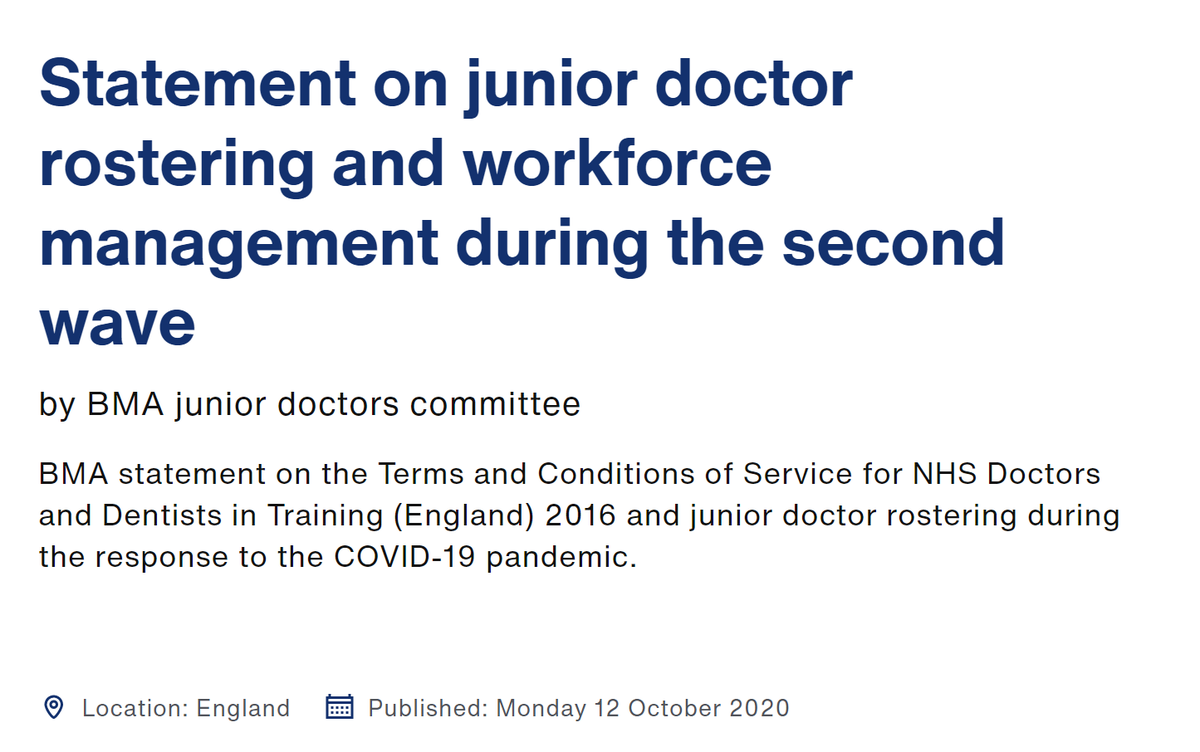 IMPORTANT update re: junior doctor rotas and the contract in England for the coming  #COVID19 surge -  @TheBMA  @BMA_JuniorDocs have published the following statement on management of rostering: https://www.bma.org.uk/news-and-opinion/statement-on-junior-doctor-rostering-and-workforce-management-during-the-second-wavePlease share with colleagues (and those in charge of rotas!)