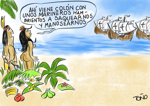 טוויטר \ LaHistoria בטוויטר: "12 de octubre, la llegada de españoles a América. La caricatura de Toño. https://t.co/xBITf1u8ry"