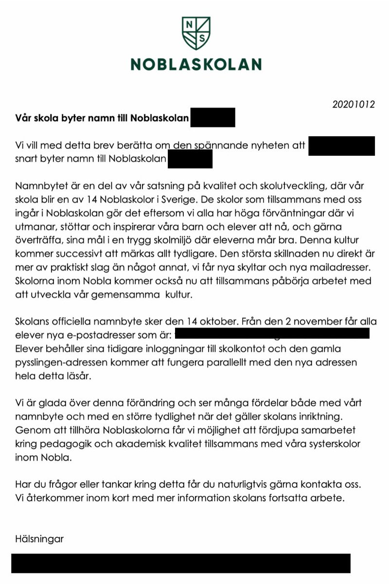 Skolinkvisition's tweet photo. Som jag tweetade om för några veckor sedan har AcadeMedia bestämt sig för att det snälla "Pysslingen" inte är ett tillräckligt säljande varumärke. Nu ska de in i grundskolans finrum med varumärket "Noblaskolan" och den här informationen har gått ut till föräldrar. https://t.co/IYU12NKmWR