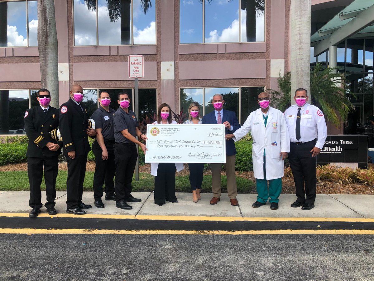 In memory of their <a href="/CityofMiamiFire/">Miami Fire Rescue</a> colleague Kristin Jordahl, a check from the Miami #Firefighters Charitable Fund was presented to <a href="/atperez_md/">Alejandra Perez, MD</a> for #breastcancer research at Sylvester. Dr. Chukwuemeka Ikpeazu, Broward Fire Chief Joe Fernandez and Kristen's widower also attended.