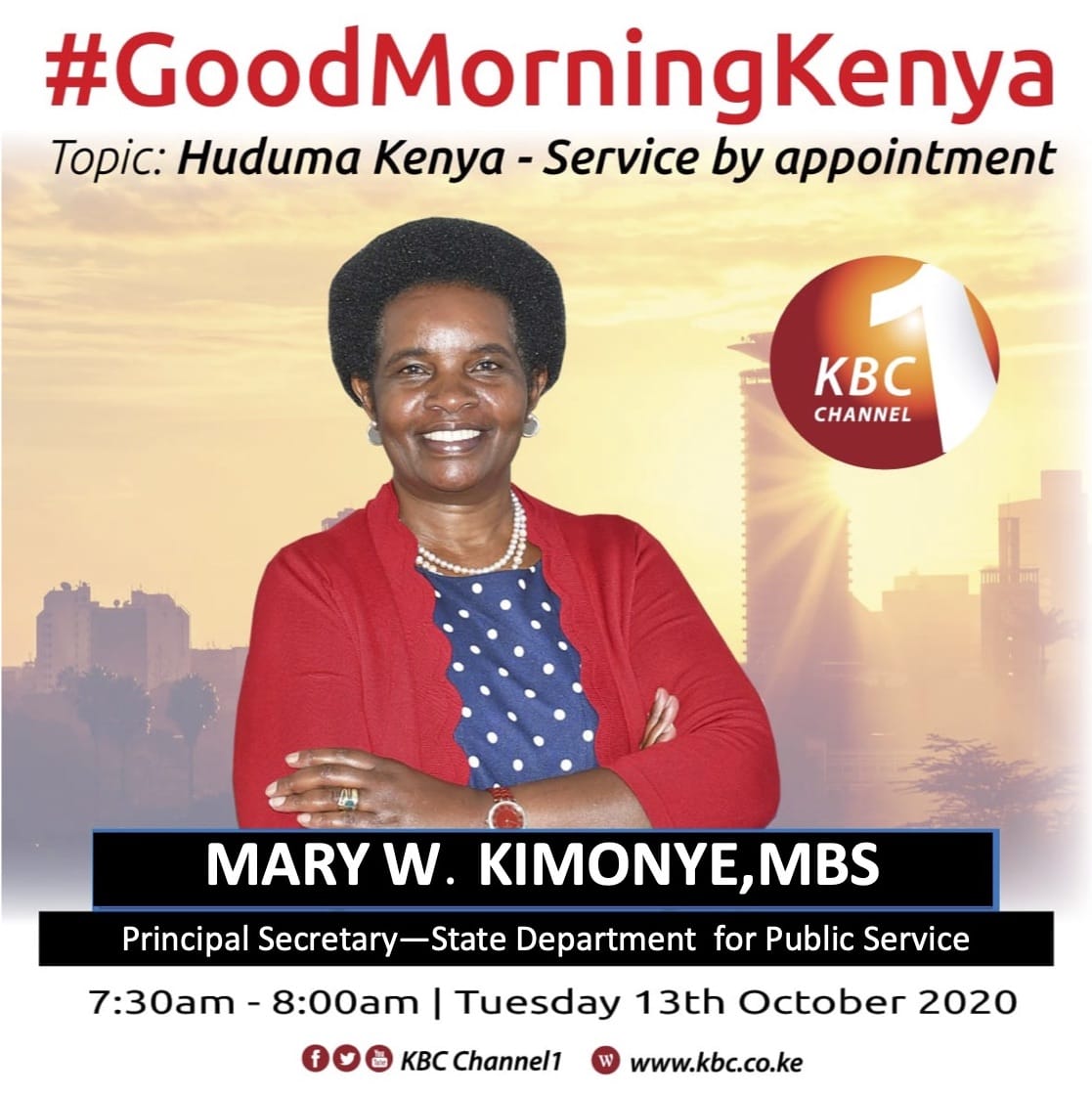 The Principal Secretary State Department of Public Service, Mary Kimonye will be live on #GoodMorningKenya this Tuesday to discuss about the new Service by Appointment by <a href="/HudumaKenya/">Huduma Kenya</a> and what it entails. <a href="/SamWNjoroge/">Samuel W Njoroge</a> <a href="/JainWambui/">Jain Wambui</a> <a href="/RayManyara/">Regina Manyara</a> <a href="/PSYGKenya/">Public Service and Human Capital Development</a> ^PW