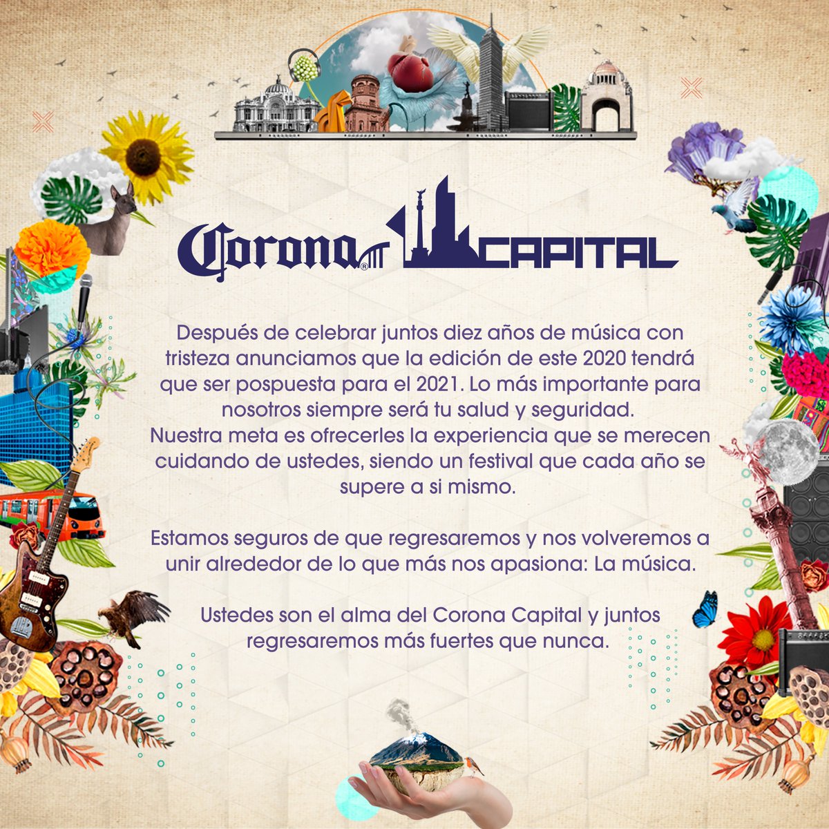 CoronaCapital's tweet photo. El festival Corona Capital queda pospuesto para el 2021 
Encuentra más información en el siguiente comunicado y quédate pendiente de nuestras redes sociales. https://t.co/2KuDWvL9o3