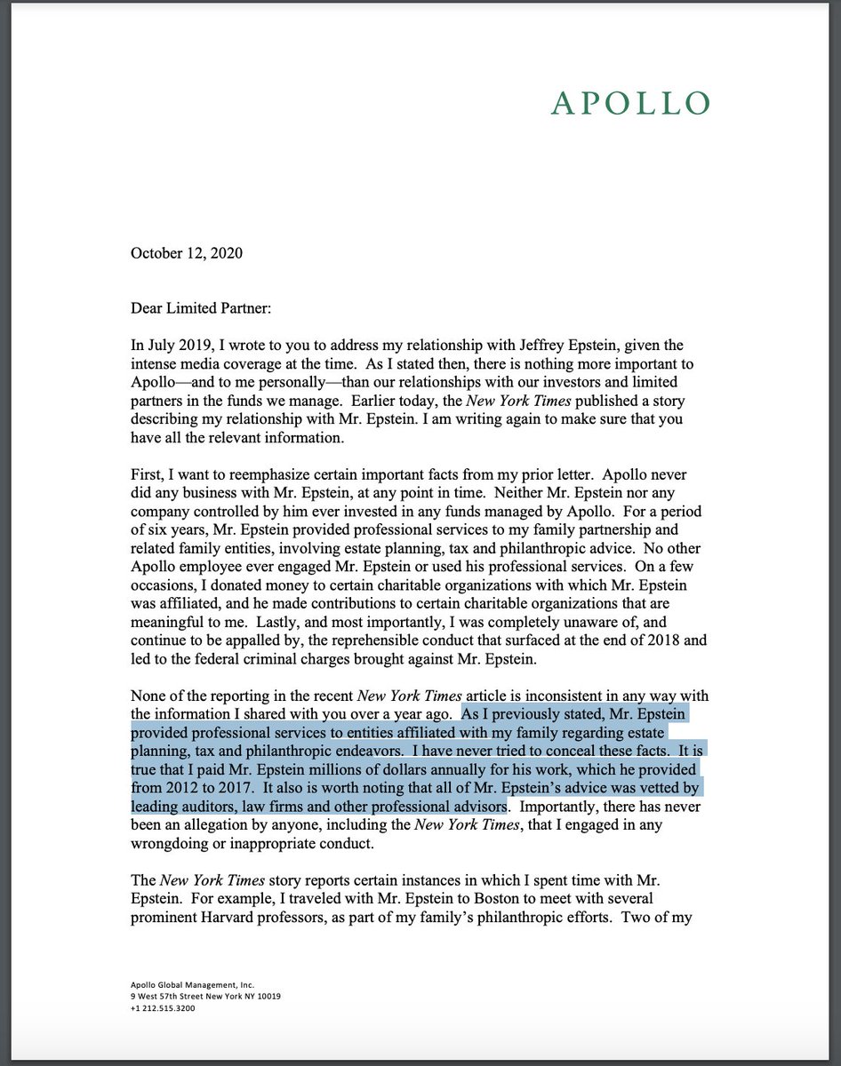 MORE: Leon Black sent a letter to his investors today.  @MattGoldstein26 got a copy."It is true that I paid Mr. Epstein millions of dollars annually for his work" from 2012 to 2017. (Black also confirms bringing his family to a picnic on Epstein's private island.)
