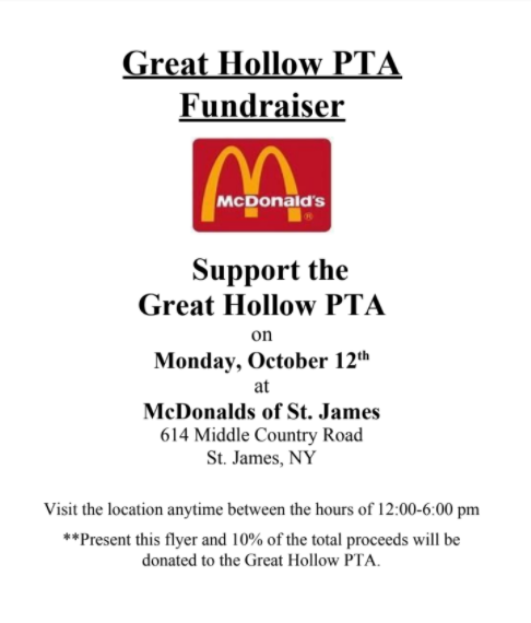 Support GMS PTA --show this flyer at McDonald's today between 12:00 and 6:00, and 10% of your purchase will be donated! <a href="/SCSD_GMS/">Great Hollow MS</a>