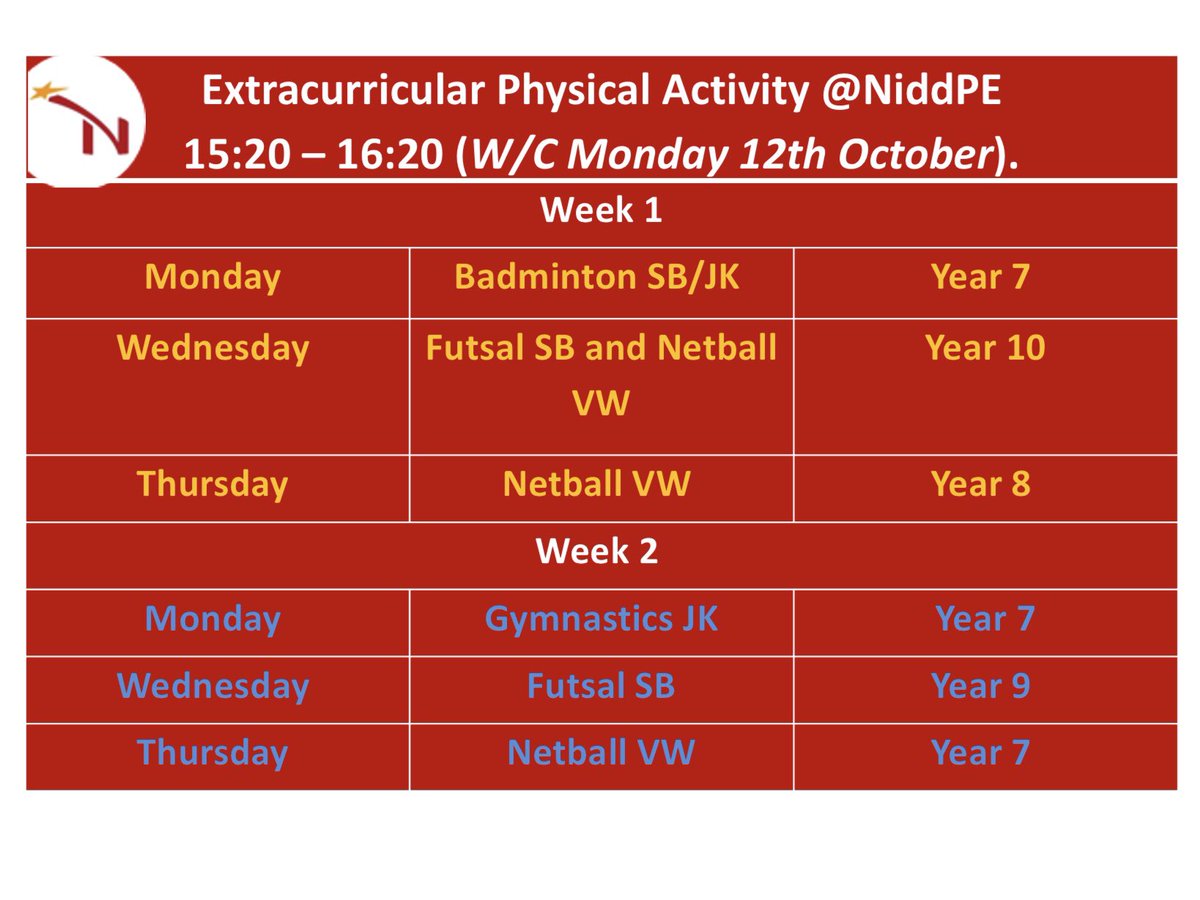 NiddPE's tweet photo. Extracurricular timetable! Next up - year 10 futsal and netball this Wednesday. https://t.co/pms6cQzgfh