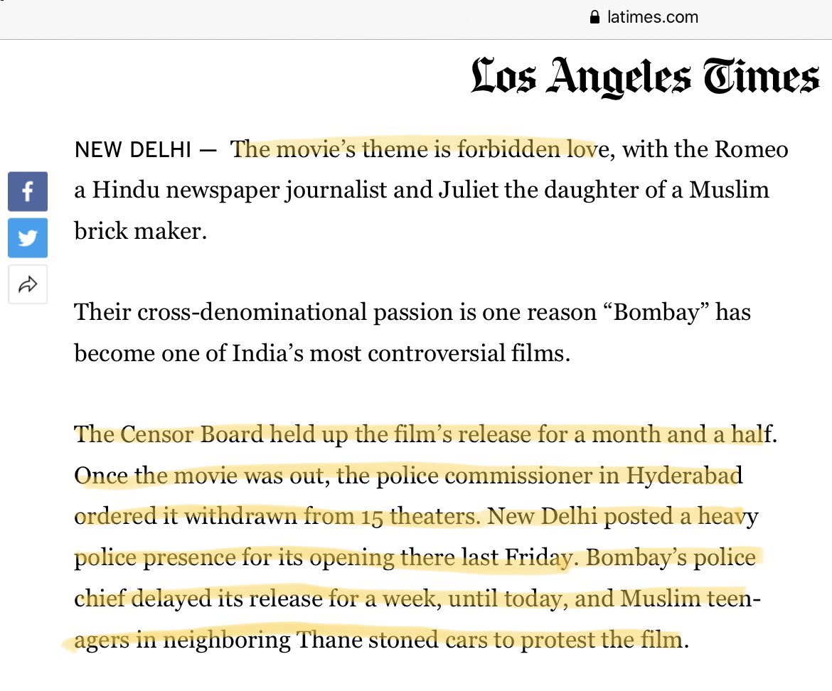 Because the film ‘Bombay’ showed “forbidden-love” between Hindu man-Muslim woman, bomb was thrown at house of dMani Ratnam and he was wounded. Hyderabad police chief didn’t allow it to screen in 15 theatres. Protesters said “We believe a Hindu-Muslim marriage is illegitimate”