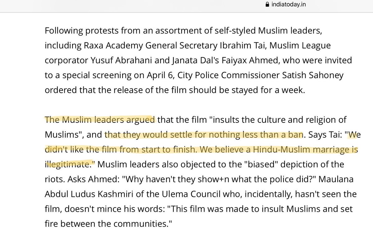 Because the film ‘Bombay’ showed “forbidden-love” between Hindu man-Muslim woman, bomb was thrown at house of dMani Ratnam and he was wounded. Hyderabad police chief didn’t allow it to screen in 15 theatres. Protesters said “We believe a Hindu-Muslim marriage is illegitimate”