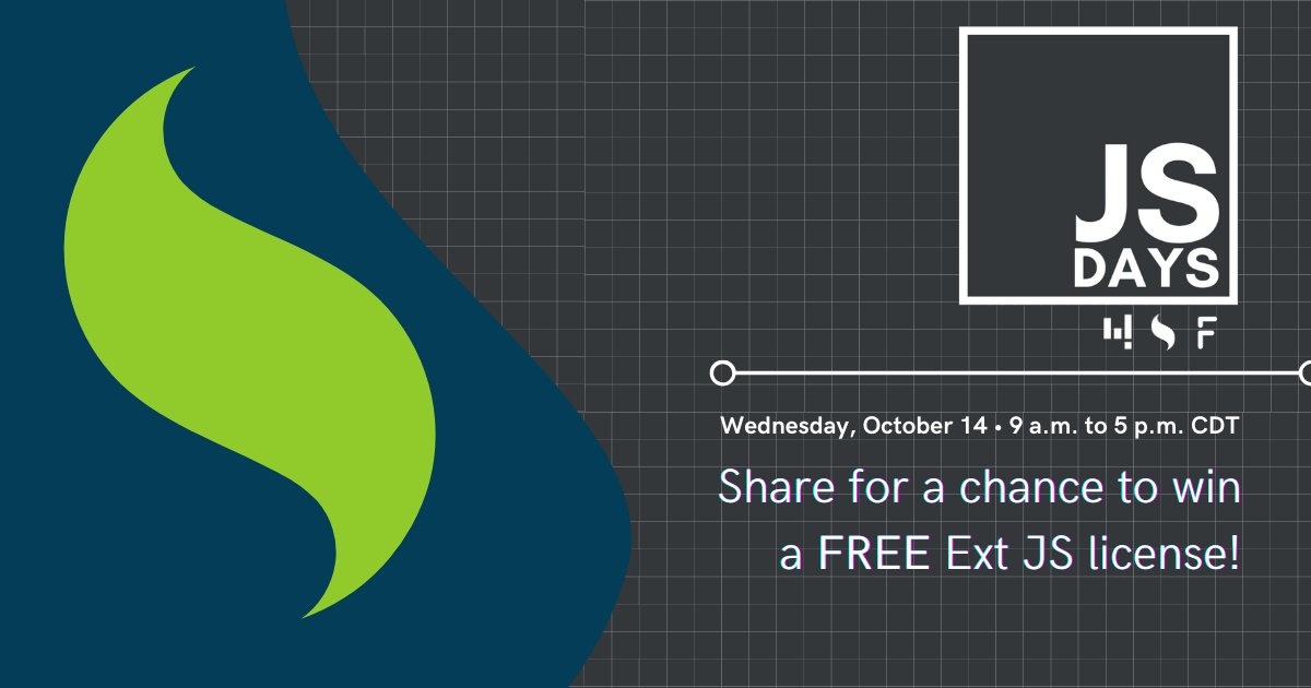 Sencha's tweet photo. JS Days is this Wednesday, and we're giving away an Ext JS license to celebrate! Enter for a chance to win:

1. Register for JS Days: https://t.co/Rbid8Kx5EX
2. Share this post with the hashtag #jsdays
3. Tune into our Keynote event to see if you won

Good luck, see you there! https://t.co/RsAs5C5rRL
