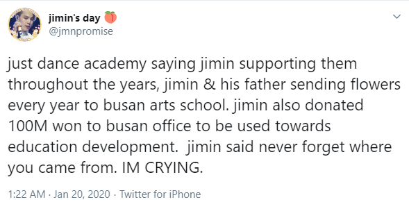  #jimtober D13: Jimin is known for giving back. Donating to help lower income students in Busan, offering to pay for the high school uniforms of the graduates of his elementary school that closed down, sending flowers to his former dance academy for their dance recitals, +