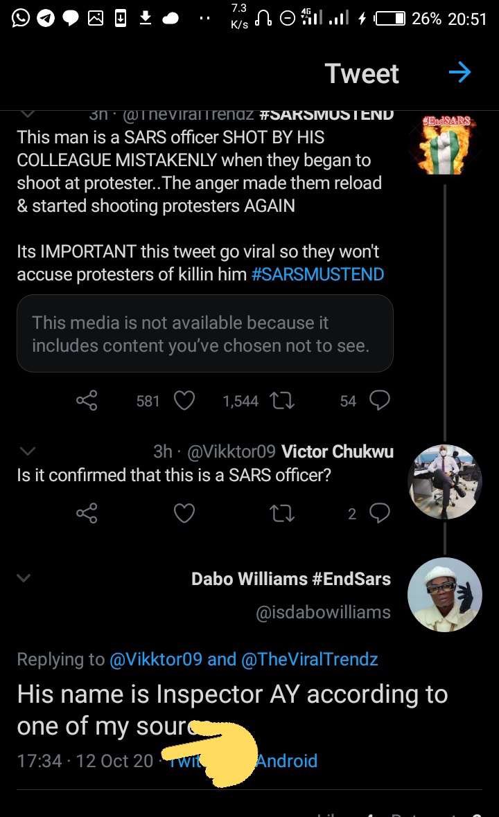 For further checking of the above tweet...The twitter user had identified the officer hours ago, we saw it but waited for "official confirmation" which the governor's press secretary just did.. As the times of these tweets shows..  #SARSMUSTEND  #EndPoliceBrutalityinNigeria