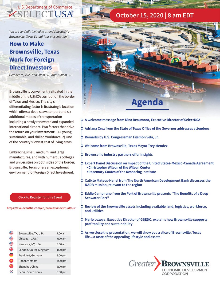 RSTEC Member <a href="/GreaterBRO/">Greater Brownsville Incentives Corporation</a> is inviting potential investors to their Virtual Tour in collaboration with <a href="/CommerceGov/">U.S. Commerce Dept.</a> <a href="/SelectUSA/">SelectUSA</a> this Thursday! 
#RioSouthTexas #FDI #EconDev #SelectUSA
live.eventtia.com/en/brownsville…