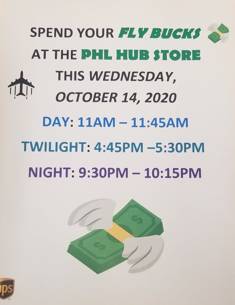 The PHL Hub Store will be open this Wednesday, October 14, 2020 for employees to spend the Fly Bucks they've earned for SAFETY, SERVICE, & ATTENDANCE! Thank you all again for showing up, staying safe, & providing excellent service! @nick_iannacone2 @RobertCapone17 @Franciscovh17