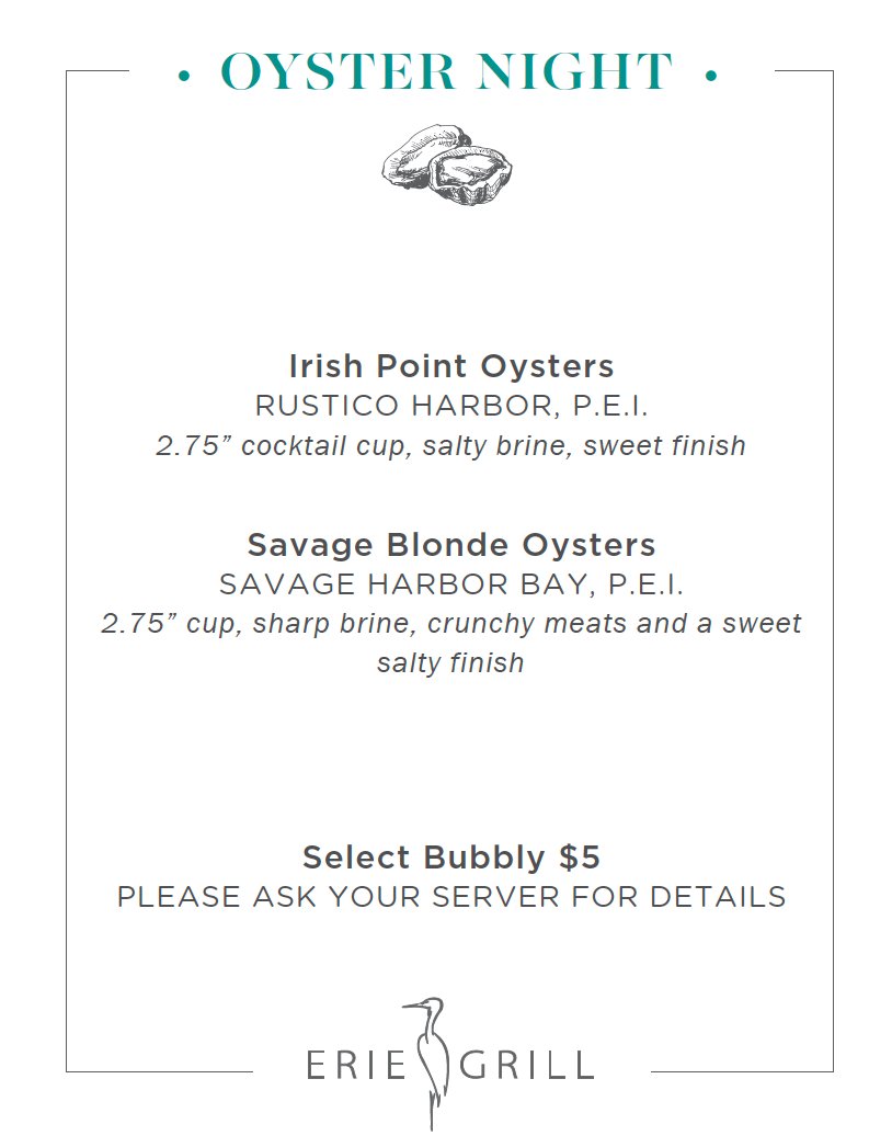 RenDelLodge's tweet photo. It's Oyster Night at @ErieGrill! $1 featured oysters and $5 select bubbly 🦪🥂 https://t.co/9JOBdwKlhD