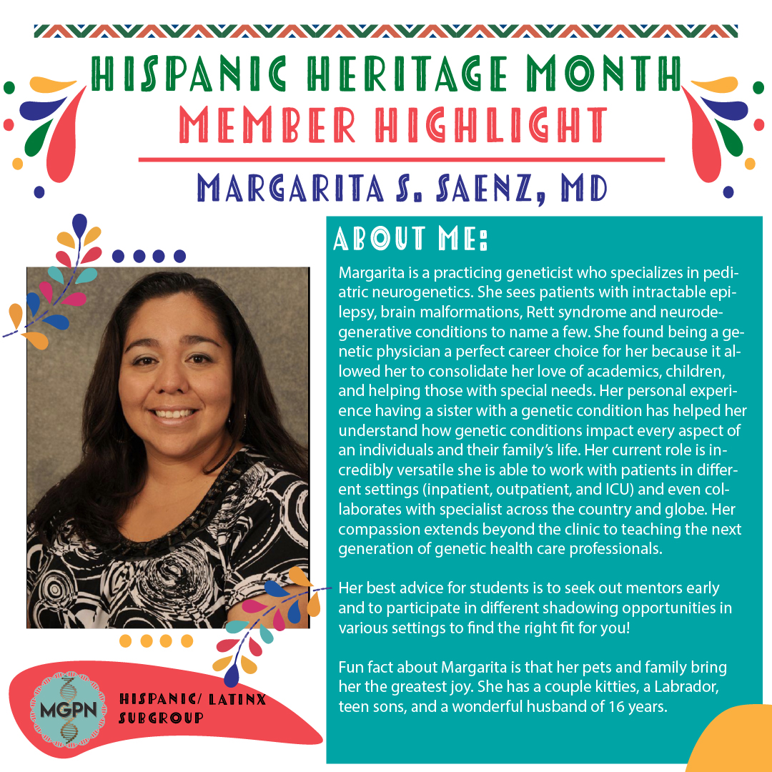 minoritygenetic's tweet photo. Today's featured MGPN member for #HispanicHeritageMonth is @MargaSaenzMD
#geneticcounseling #gcchat #Hispanic #Latinx #Latino #Latina #LatinAmerica #DiversityandInclusion #medtwitter #gcservices #gcaccessibility #genes #genetics https://t.co/LgNk8dwQye