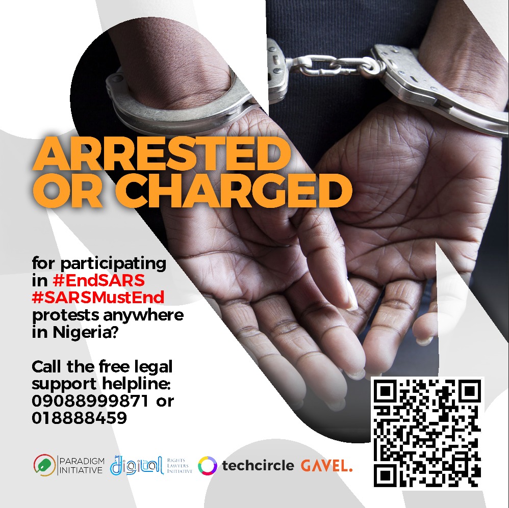 We're working with legal partners to support  #EndSARS  #SarsMustEnd protesters who may get arrested or charged for joining protests. Please call the free legal support helpline via 090 88 999 871 or 01 8888 459 and you will be directed to a volunteer lawyer. Use a mask. Stay safe