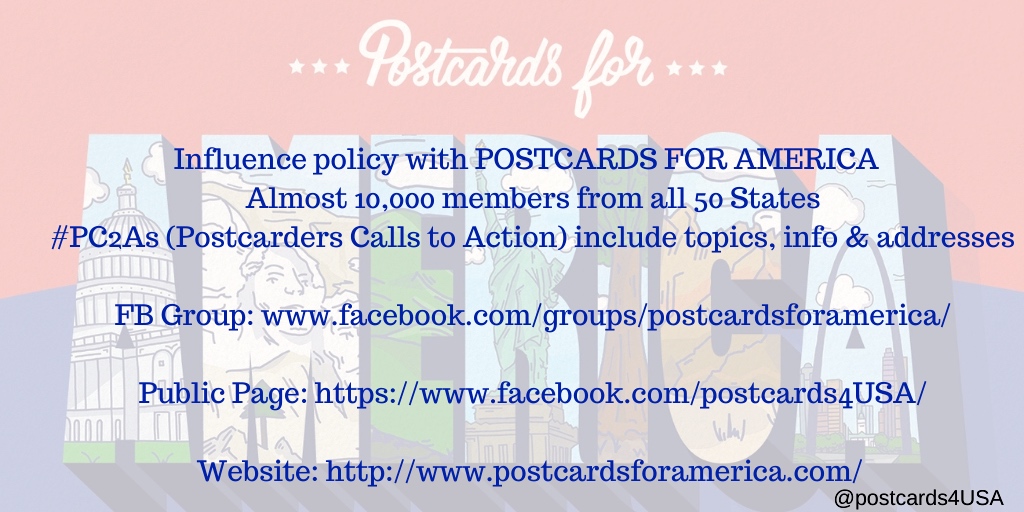 Influence policy with Postcards for America 
Contacting Elected Officials; All levels
*Focused until Nov 3rd on #Elections2020*
#GOTV postcard opps here: 
postcardsforamerica.com/gotv-postcards…
FB Group Postcarding facebook.com/groups/postcar…
Page facebook.com/postcards4USA

#PostcardsforAmerica