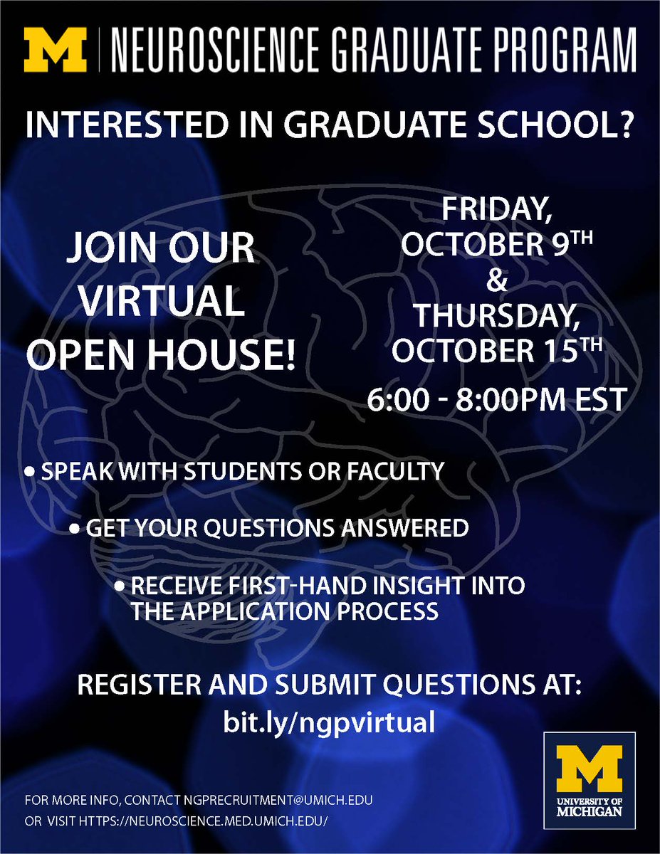 Considering graduate programs in #neuroscience?  Join our <a href="/NGPMichigan/">Michigan Neuroscience Graduate Program</a> virtual open house this Thursday, Oct. 15th. Meet some students &amp; faculty, learn about our program &amp; the admissions process, and get your questions answered. Register: bit.ly/ngpvirtual Please RT.