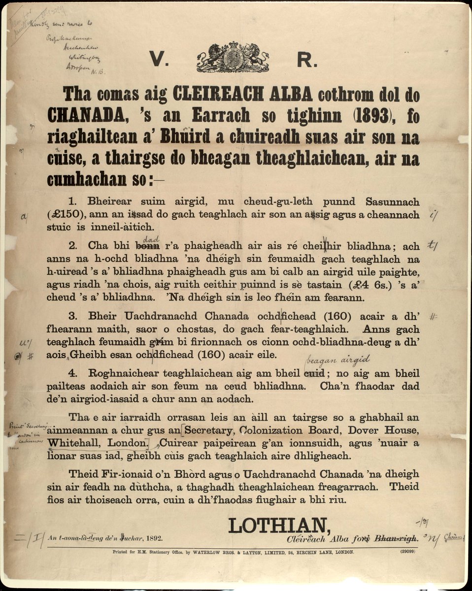 ScotlandsPeople's tweet photo. 🍁 Happy #canadianthanksgiving to all our friends &amp; followers! 🍁🏴󠁧󠁢󠁳󠁣󠁴󠁿 Canada &amp; #Scotland go way back as we see from this emigration poster in #Gaelic from c. 1892. It offers families a £150 grant for purchasing livestock &amp; machinery when starting a new life in Canada #NRSArchives https://t.co/kJahdgIkyC