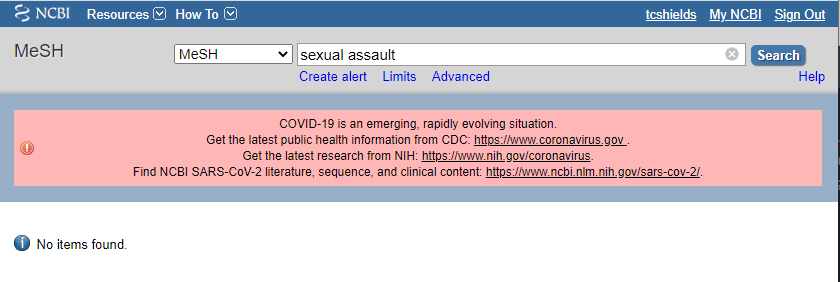 Wondering where sexual assault is in MeSH? Well... there's not a term, and it's not available as an entry term for a related concept, either. So how does that literature get indexed? (I'll come back to how PubMed handles the automatic term mapping of the term.)