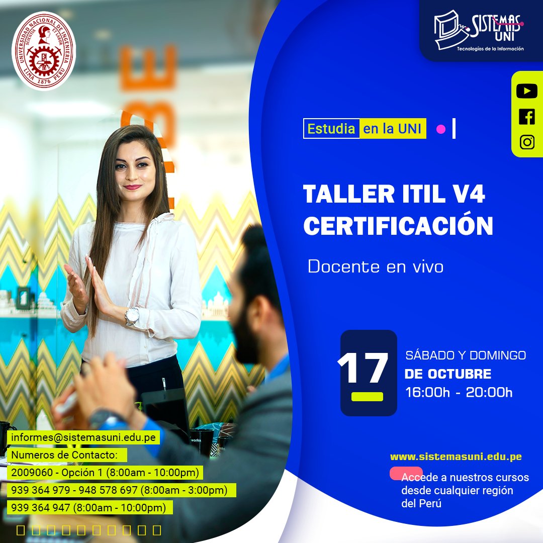 𝗙𝗨𝗘𝗡𝗧𝗘: 𝗦𝗜𝗦𝗧𝗘𝗠𝗔𝗦 𝗨𝗡𝗜
Taller Itil v4
🔽 𝐈𝐧𝐢𝐜𝐢𝐨: Sábado 17 de octubre
➥ 𝐇𝐨𝐫𝐚𝐫𝐢𝐨: 16:00h - 20:00h
📧 𝗜𝗻𝗳𝗼𝗿𝗺𝗲𝘀: 𝘀𝗶𝘀𝘂𝗻𝗶.𝗶𝗻𝗳𝗼@𝘂𝗻𝗶.𝗲𝗱𝘂.𝗽𝗲
𝘄𝘄𝘄.𝘀𝗶𝘀𝘁𝗲𝗺𝗮𝘀𝘂𝗻𝗶.𝗲𝗱𝘂.𝗽𝗲
#FIISUNI