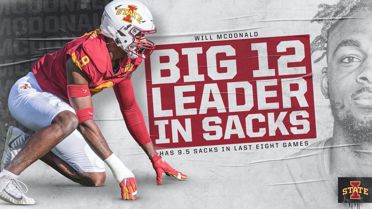 Will McDonald has been on a tear. He has the most sacks in the Big 12 (4.5) and 9.5 sacks in his last eight games, the most by an active NCAA player during that span. 

🌪️🚨🌪️