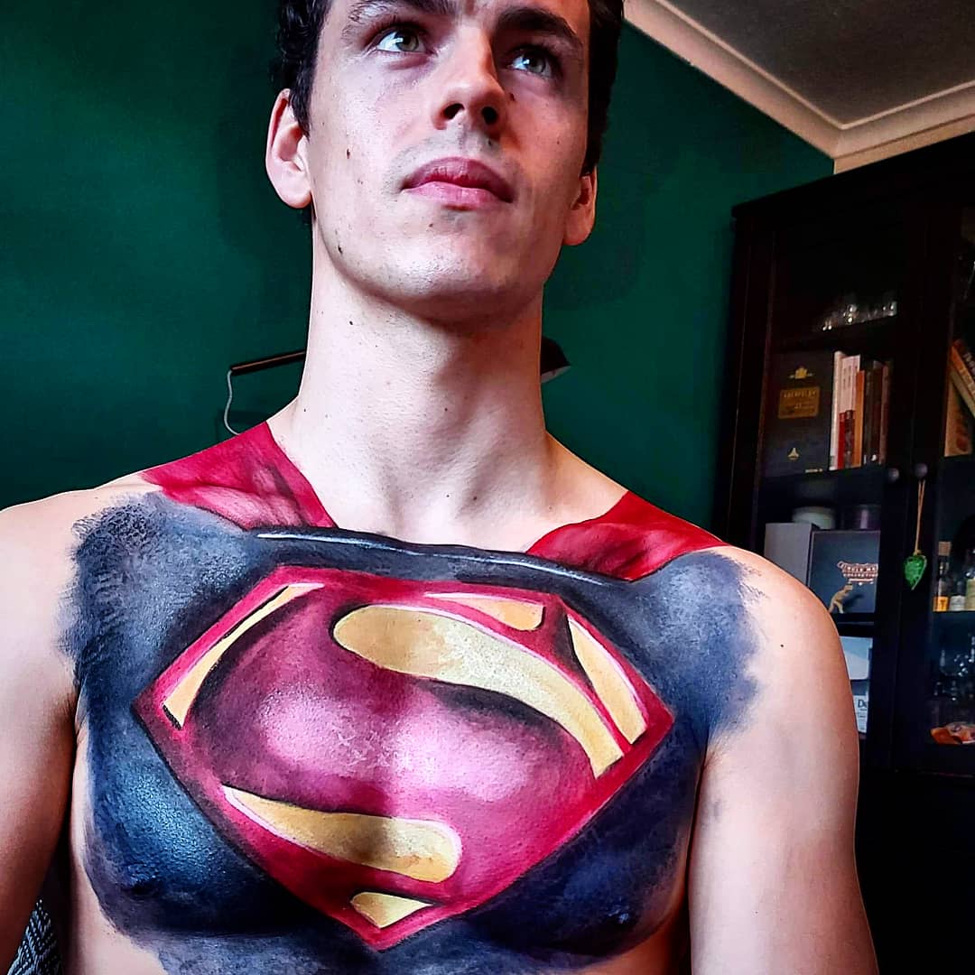 ThatScotsCouple's tweet photo. Gary let me paint him today, doesn't he look 'super' 😂😂
Since it's the season of dressing up I thought it would be fun to get the face paints out!
What a good sport!
#bodypaint #superman #spookyseason https://t.co/F6qloVZcte