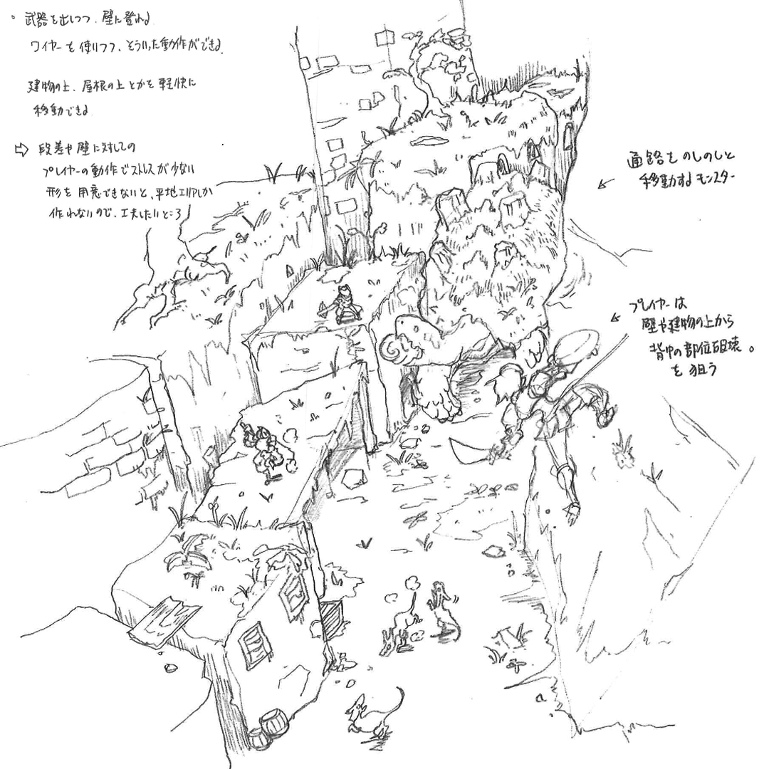 Monster Hunter Rise Concept Art: one of the first sketches illustrating some of the gameplay ideas. #MHRise 