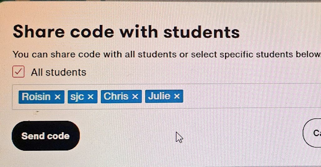 sjayc's tweet image. Loving this #MicrobitClassroom demo by @rofaherty23 for #CodeWeek2020. Game changer for #LeavingCert #ComputerScience teachers.They can share code with all/some students,download progress report, and students can indicate how they feel at end of each class. @PDSTcs #edchatie