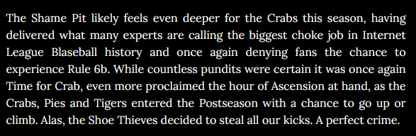 "THE BIGGEST CHOKE JOB IN INTERNET LEAGUE BLASEBALL HISTORY."

OH NO.