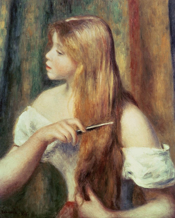 Josie as 𝘠𝘰𝘶𝘯𝘨 𝘨𝘪𝘳𝘭 𝘤𝘰𝘮𝘣𝘪𝘯𝘨 𝘩𝘦𝘳 𝘩𝘢𝘪𝘳 by A. Renoir: as Apollinaire writes in one of his last poems: Her hair turns golden you would say A beautiful lightning flash that goes on and onOr the flames that spread out their feathers In wilting tea roses 