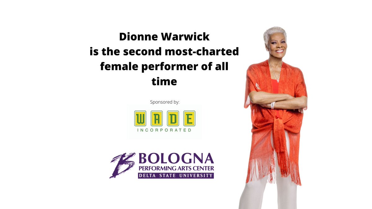 See her live Thursday, April 8, 2021 for An Evening with Dionne Warwick sponsored by Wade Incorporated. Call today for tickets at 662-845-4625 or visit bolognapac.secure.force.com/ticket#/instan…