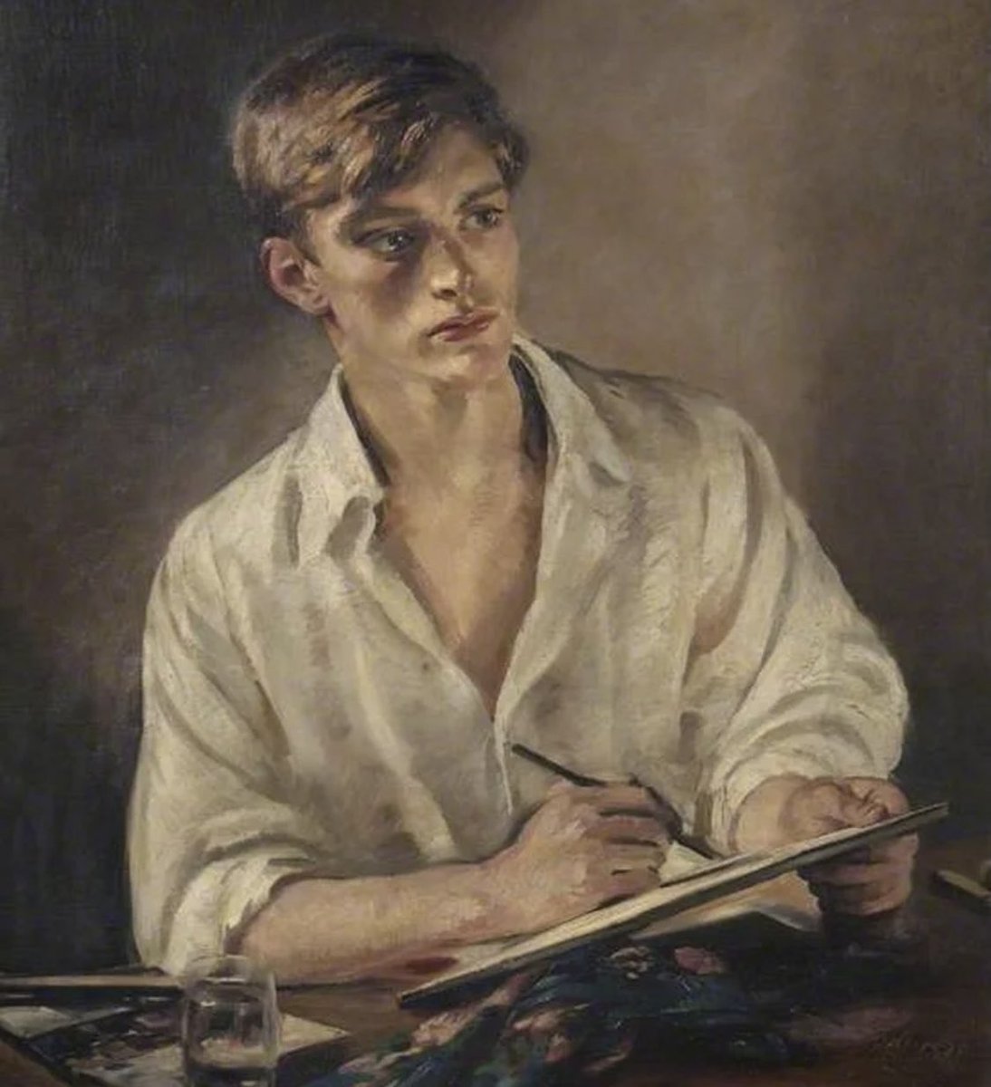Cole as 𝚈𝚘𝚞𝚗𝚐 𝚖𝚊𝚗 𝚜𝚔𝚎𝚝𝚌𝚑𝚒𝚗𝚐 by William Bruce Ellis Ranken: the painting shows a young man absorbed into art, probably taking inspiration from his surroundings to create art himself. It can be seen as Meta art (art within art)
