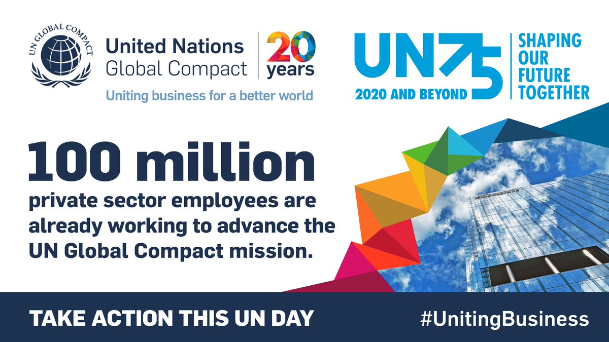 Kevin S. Parikh (@kevinparikh) on Twitter photo As the <a href="/UN/">United Nations</a> marks 75 years and the UN <a href="/globalcompact/">UN Global Compact</a> turns 20, 100 million employees are already working to advance their mission and #TenPrinciples.
This #UNDay, we are #UnitingBusiness for a better world. Add your voice: unglobalcompact.org/unday #UN75 As the <a href="/UN/">United Nations</a> marks 75 years and the UN <a href="/globalcompact/">UN Global Compact</a> turns 20, 100 million employees are already working to advance their mission and #TenPrinciples.
This #UNDay, we are #UnitingBusiness for a better world. Add your voice: unglobalcompact.org/unday #UN75