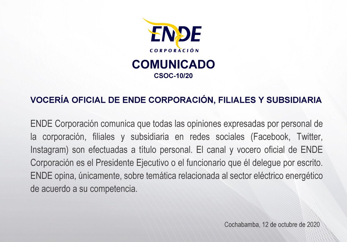 Comunicado institucional de <a href="/ENDECORPORACION/">ENDE Corporación</a>