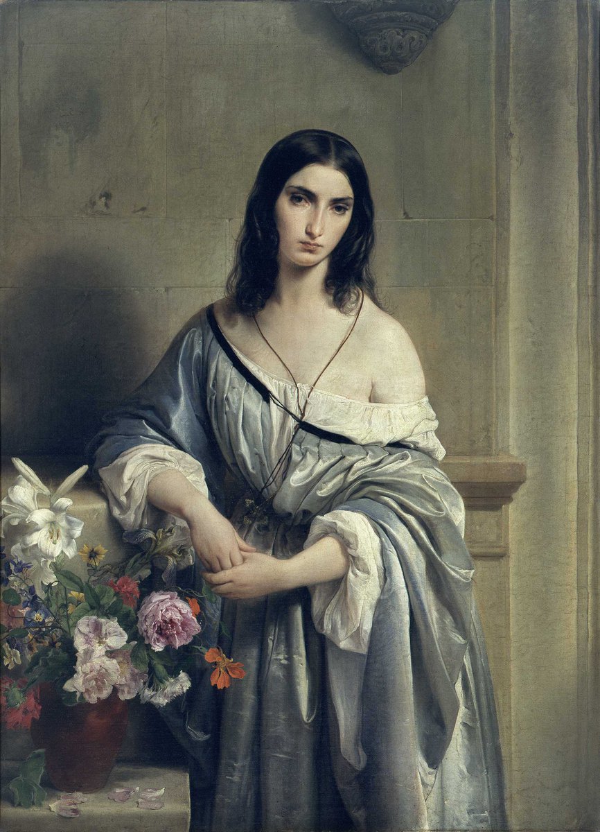 Aunt Jo as 𝙈𝙚𝙡𝙖𝙣𝙘𝙝𝙤𝙡𝙮 by F. Hayez: a medieval young woman taken by a feeling of love, standing in an abandoned pose, who is perhaps remembering the person she cares for, keeping her head somewhat bowed the better to nurture the thought which dominates her