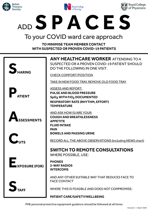 MrsSam_shaw's tweet photo. With covid cases rising daily, ward areas should adopt our SPACES approach.When used correctly staff exposure to the virus is dramatically reduced. @BTSchair @DrRJRussell @UHLsue_mason @UHLfox https://t.co/bS2a2zjD3l