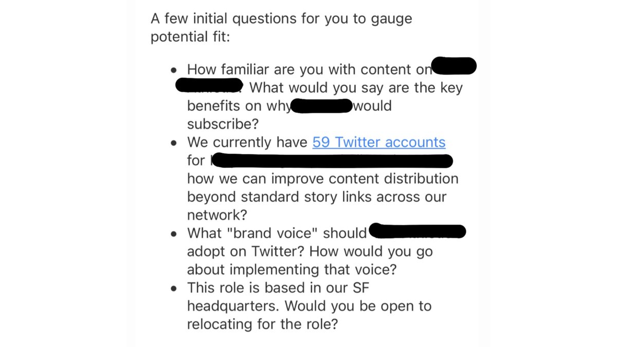 4/ Let's look at the Qs again.Q1 & Q4? Totally reasonable.But asking how I'd approach consolidation + social distro? Brand voice? Those are deep exercises & always contextual to the brand. V strange to ask that in their very 1st email, especially without even an intro call.