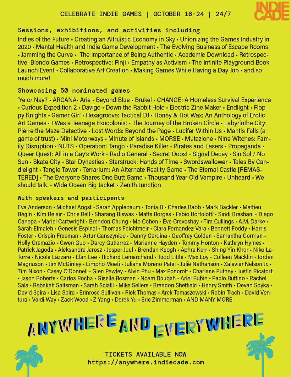 IndieCade's tweet photo. We are happy to announce our lineup for #AnywhereAndEverywhere next week! Tickets are now available at https://t.co/Pt1NEsQmfm

You can also follow https://t.co/xDVKVS0yGz for more streaming updates.

See you on Friday! https://t.co/WU4rDQ5pkw