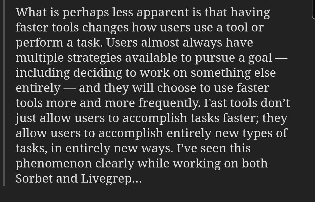 My opinion:This is why  @RoamResearch has a cult.We make certain things so fast -- citing another idea via [[page links]] or specific statement ((block references)) -- that completely new behaviours are possible[[Reflections on Software Performance]] https://blog.nelhage.com/post/reflections-on-performance/