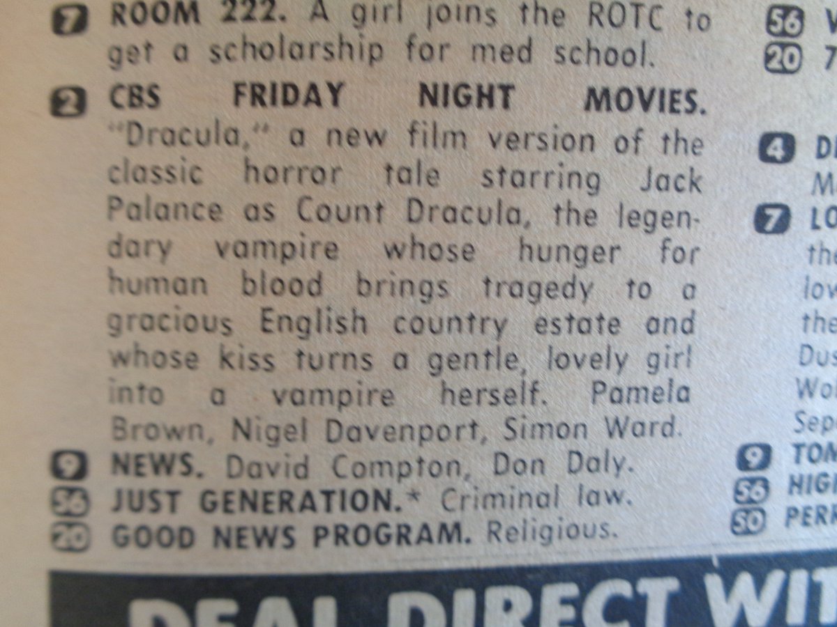 Today's TV Listing of Yore:  On this day in 1973 at 9PM EST, CBS aired 'Dracula' with Jack Palance in the title role as part of CBS Friday Night Movies!  #Dracula #JackPalance
