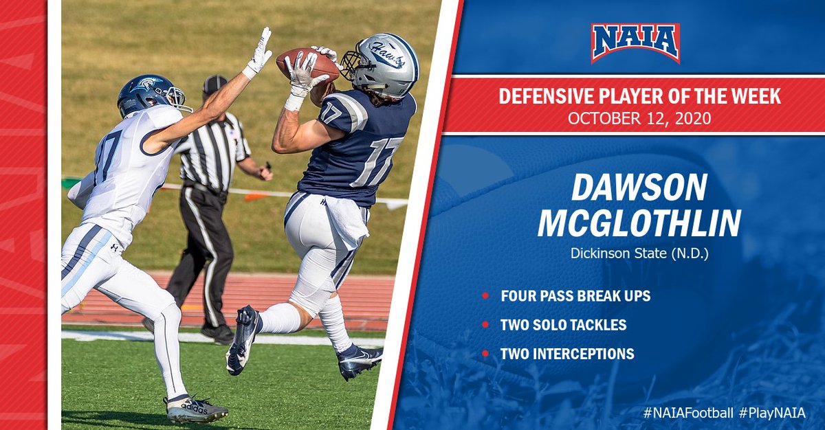 NAIA's tweet photo. 🏈| Congrats to Dawson Mcglothlin of @dsubluehawks
on winning #NAIAFootball Defensive Player of the Week honors! 

#NAIAPOTW #PlayNAIA https://t.co/d2ylWijhYz