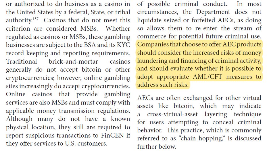 15/ They& #39;re also attacking privacy more aggressively.Last week& #39;s DOJ Framework described anonymous transactions as "a high-risk activity...indicative of possible criminal conduct."And it had an ominous warning for exchanges about "anonymity enhanced cryptocurrencies" (AEC):