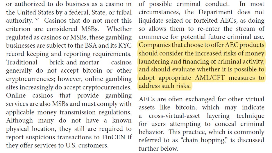 15/ They're also attacking privacy more aggressively.Last week's DOJ Framework described anonymous transactions as "a high-risk activity...indicative of possible criminal conduct."And it had an ominous warning for exchanges about "anonymity enhanced cryptocurrencies" (AEC):