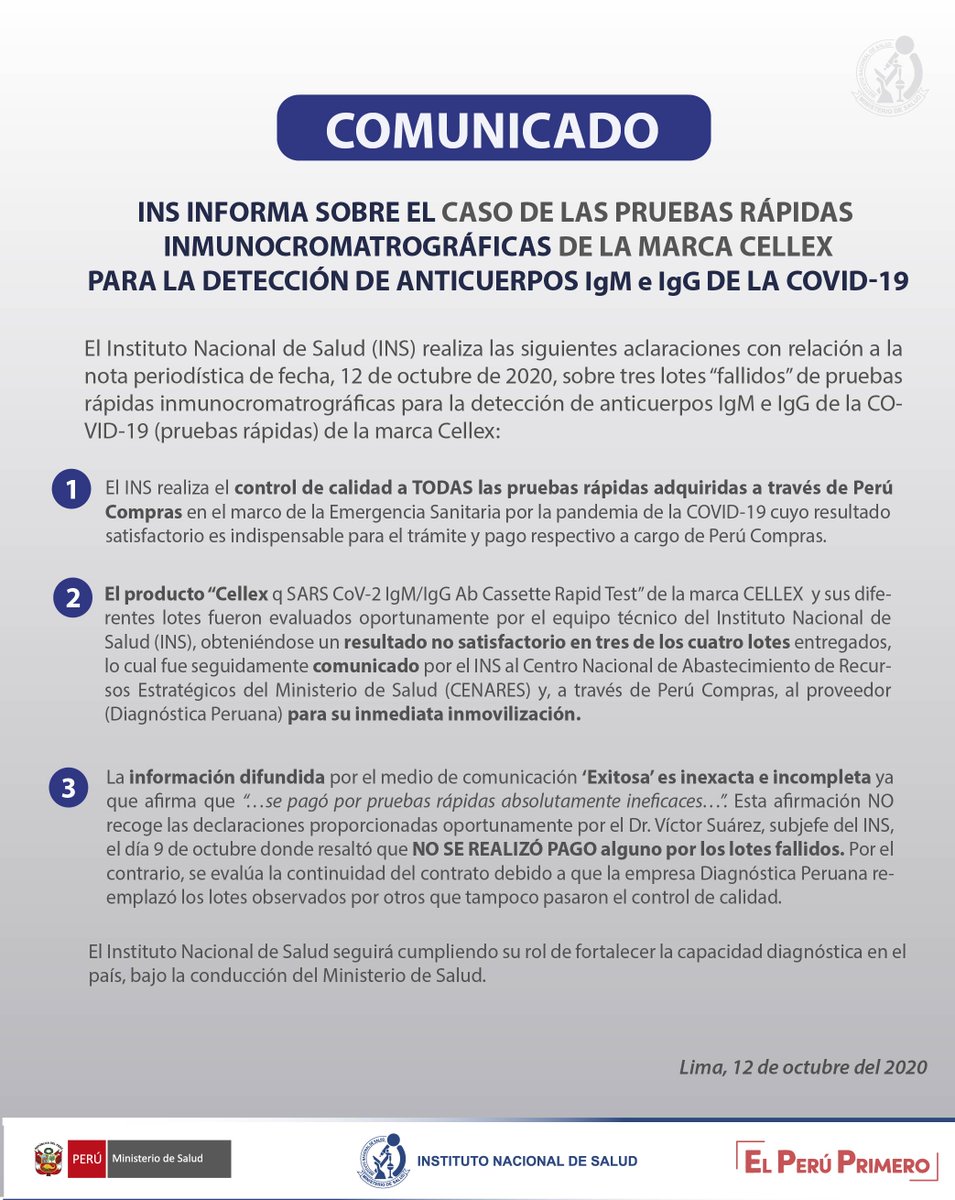 INS_Peru's tweet photo. 📌#ComunicadoINS
INS informa sobre el caso de las #PruebasRápidas de la marca #Cellex para la detección de anticuerpos IgM e IgG de la COVID-19 
🗣️En respuesta a nota periodística de @exitosape 
🌐Más información👉https://t.co/XDtOTqVp5E https://t.co/JmDYGYnjqd