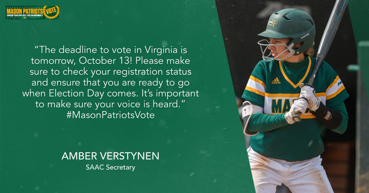 Tuesday, October 13th is the voter registration deadline for the DMV!
#MasonPatriotsVote
#VOTE 
#VoteReady 
For more info on Voting: bit.ly/2GIJfbJ