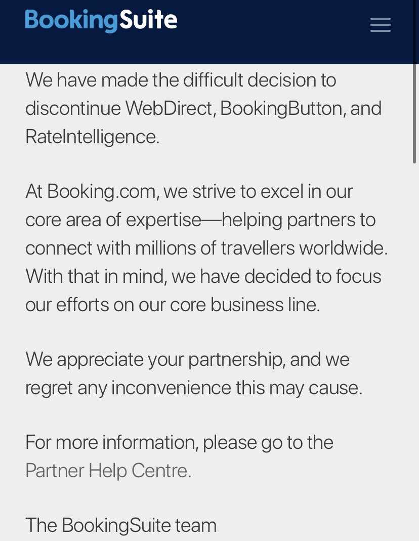 Byebye #bookingsuite 
<a href="/bookingcom/">Booking.com</a> BookingSuite service from Booking holdings is shuttering end of November #traveltech #booking #bookingcom #directbooking